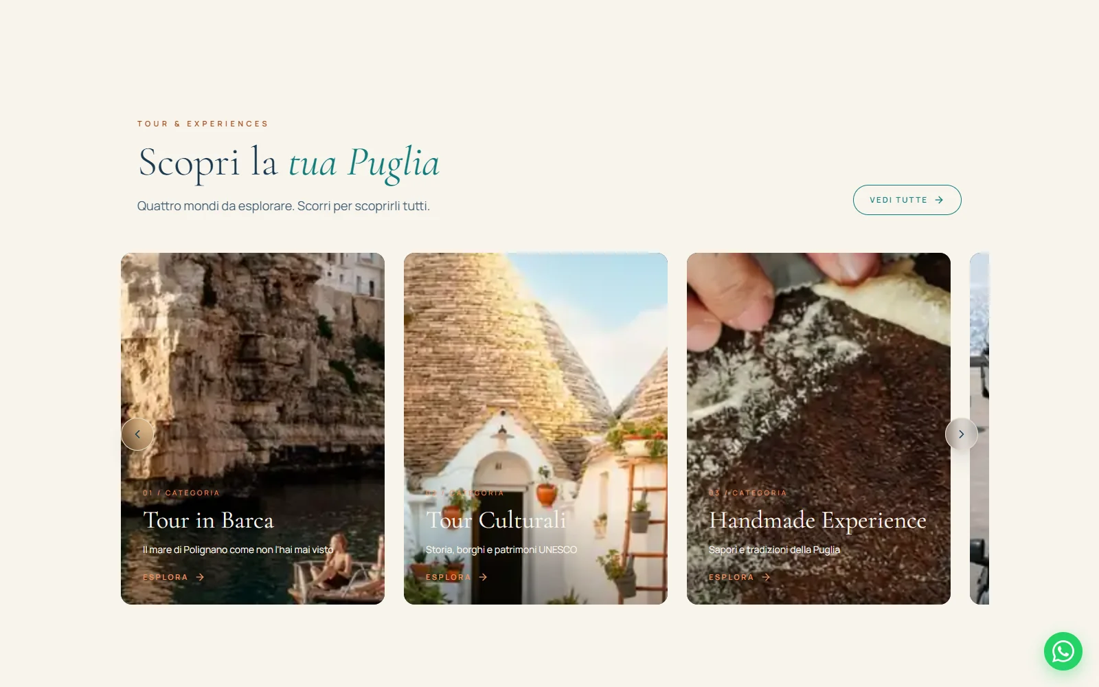 Sezione Scopri la tua Puglia di Mammamia Experience con schede fotografiche per tour in barca, tour culturali ed esperienze gastronomiche.