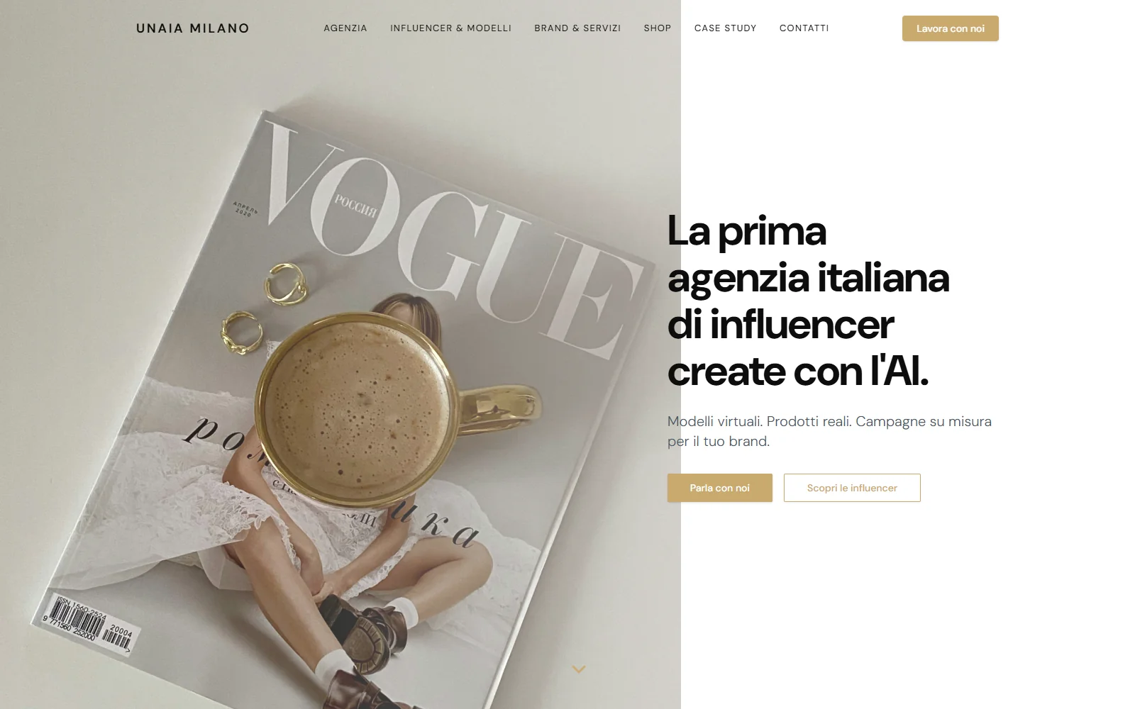 Homepage UNAIA Milano con una tazza di caffè su una rivista, navigazione e titolo dedicato alle influencer AI.